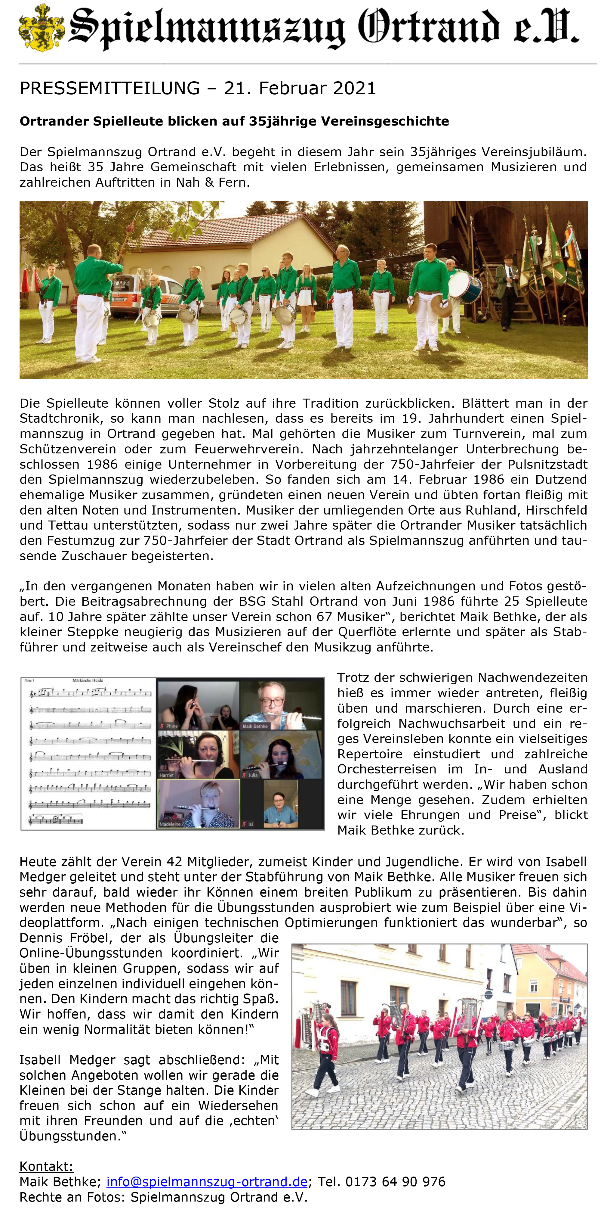 Pressemitteilung Spielmannszug Ortrand 21.02.2021